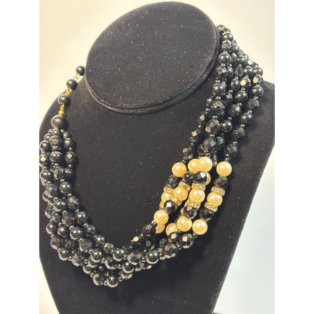 Multi-Strand Bib Necklace Black Cream Faux Pearl Rhinestone Statement Goth Boho
